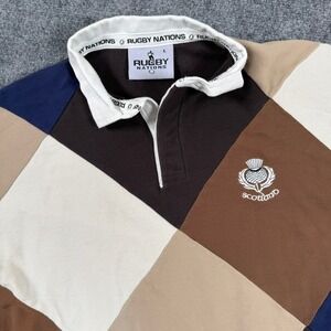 Vintage‎ Fred Perry Shirt Large Rugby Nation Brown Multi Short Sleeve Flaw Men's